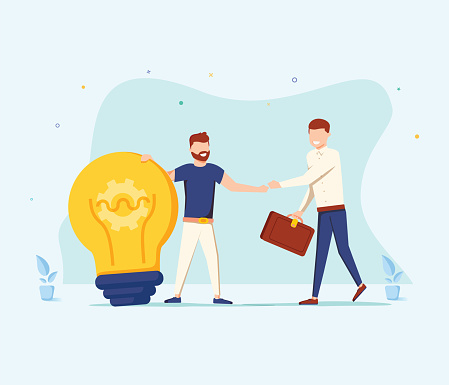The man is holding a huge light bulb and shaking hands with a businessman with briefcase. Startup and search of investments concept. Business angel investing to innovational idea. Vector illustration.