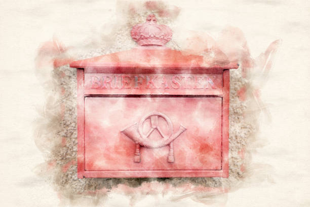 red old german mailbox in watercolors