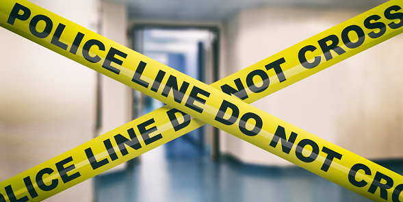 Police line in office building. Warning yellow tape, text police line do not cross, blur business interior background. 3d illustration