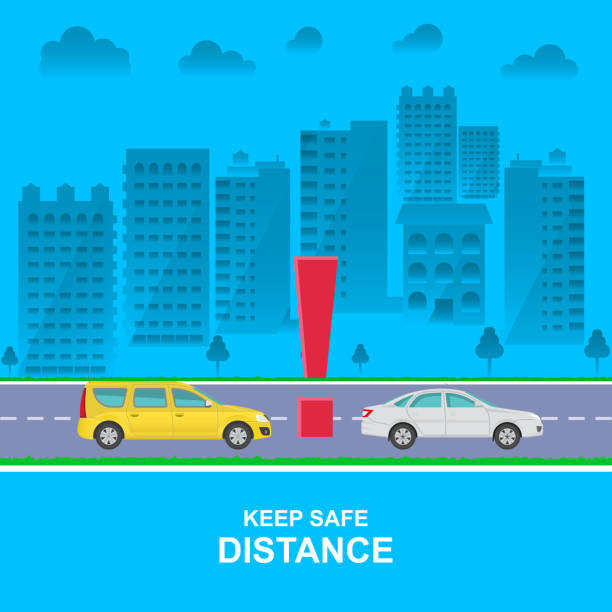 The exclamation mark between cars The exclamation mark between cars. Observe a distance.The concept of safety and fail-safety on roads, observance of traffic regulations. A vector illustration in flat style. distant stock illustrations