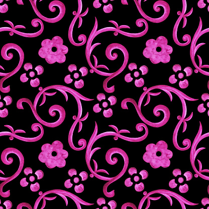 Floral seamless pattern. Flowers, swirling shapes. Watercolor. Pink colored on black background. Hand painting on paper