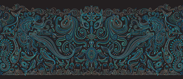 Vector seamless pattern. Fantasy mermaid, octopus, fish, sea animals green blue contour thin line drawing on a black background. Embroidery border, wallpaper, textile print, wrapping paper