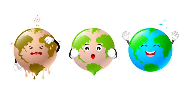 Vector illustration of Poorly globe character change to bright world.