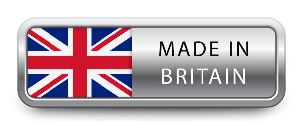 ilustrações, clipart, desenhos animados e ícones de feito no emblema metálico de grâ bretanha com a bandeira nacional isolada no fundo branco - flag british flag england push button