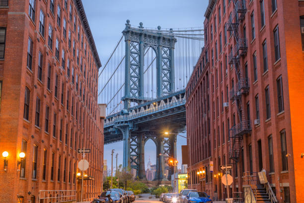 Manhattan Bridge from Brooklyn New York Brooklyn, New York, USA cityscape with Manhattan Bridge. new york city skyline new york state night stock pictures, royalty-free photos & images