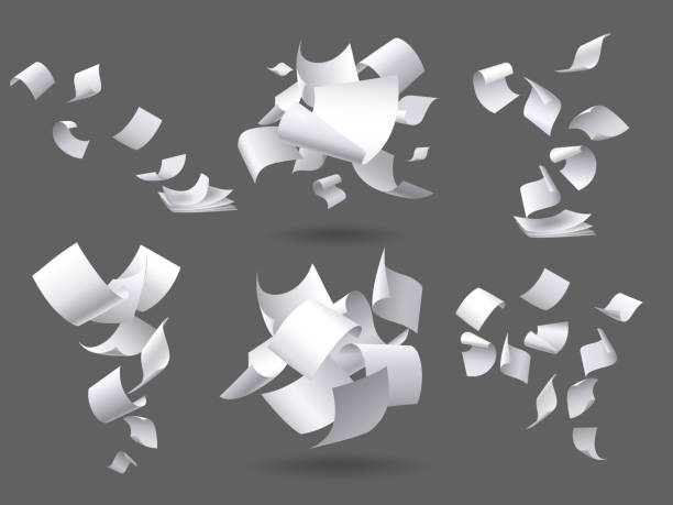 Falling paper sheets. Flying papers pages, white sheet documents and blank document page on wind isolated vector illustration set Falling paper sheets. Flying papers pages, white sheet documents and blank document page on wind. Fly scattered notes, empty chaotic paperwork. Isolated vector illustration signs set flying stock illustrations