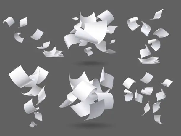 Vector illustration of Falling paper sheets. Flying papers pages, white sheet documents and blank document page on wind isolated vector illustration set
