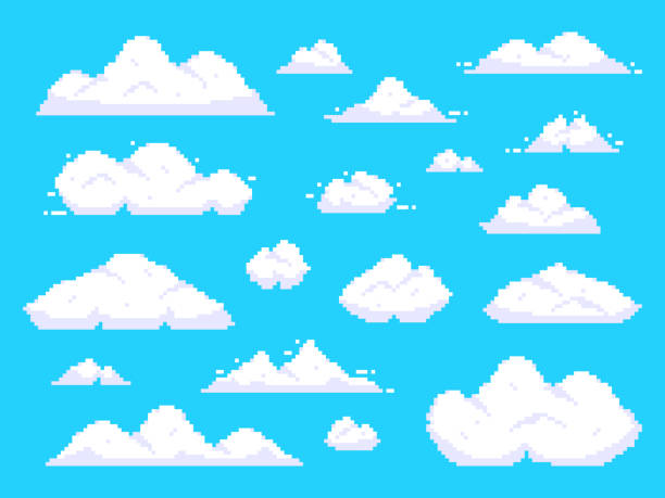 ilustraciones, imágenes clip art, dibujos animados e iconos de stock de nubes de píxeles. retro 8 bits azul cielo nube aérea pixel art ilustración vectorial de fondo - bit