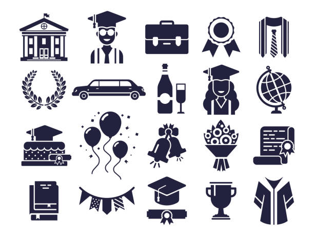 ilustrações de stock, clip art, desenhos animados e ícones de college silhouettes icons. graduate day, student graduation cap and diploma pictogram silhouette icon vector set - university graduation car student