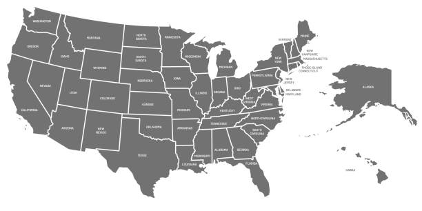 ilustrações, clipart, desenhos animados e ícones de mapa dos eua. cartaz dos estados unidos da américa com nomes de estado. mapas americanos geográficos que incluem a ilustração do vetor de alaska e de havaí - map cartography washington dc tennessee