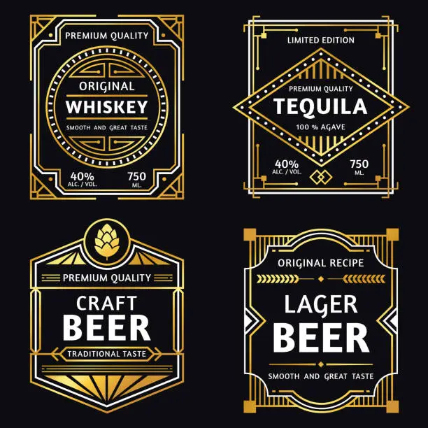 Vector illustration of Vintage alcohol label. Art deco whiskey, tequila sign, retro craft and ager beer labels vector illustration