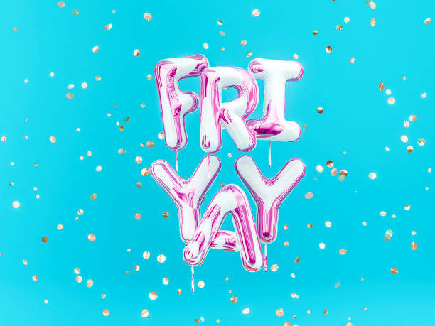 istock FriYay text sign letters with golden confetti. Friday summer celebration banner 1142643389