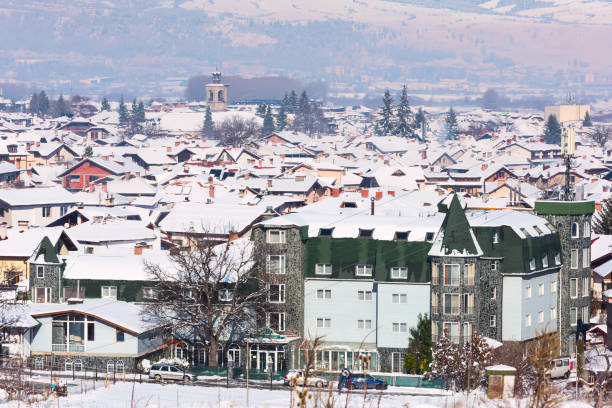 istock Houses with snow roofs panorama in Bansko, Bulgaria 1142644155