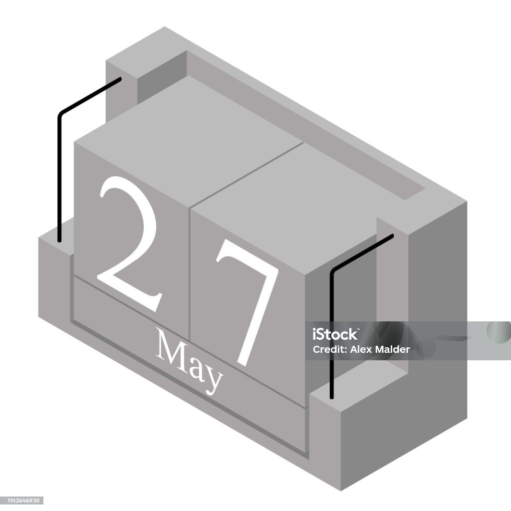 May 27th date on a single day calendar. Gray wood block calendar present date 27 and month May isolated on white background. Holiday. Season. Vector isometric illustration Block Shape stock vector