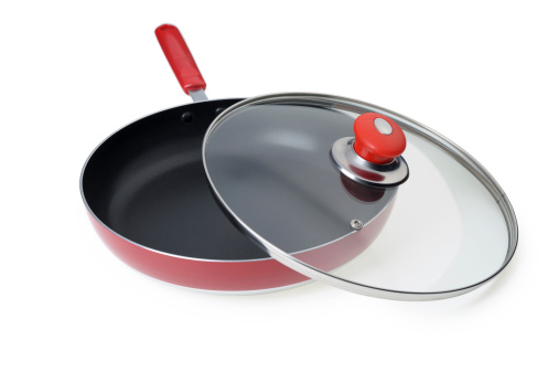 Frying Pan With The Slightly Opened Glass Cover Stock Photo - Download  Image Now - Above, Ajar, Black Color - iStock