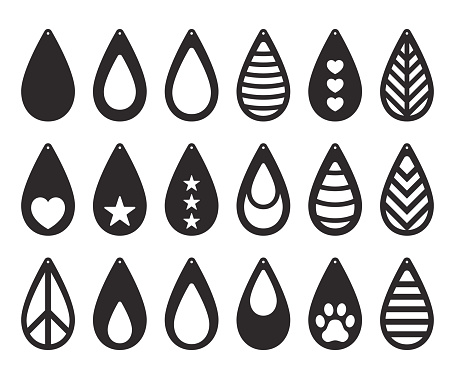 Earrings collection. Tear drop earrings with patterns. Pendant. Laser cut template. Jewelry making. Vector illustration