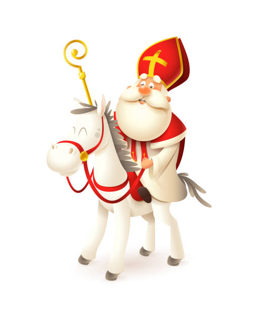 stockillustraties, clipart, cartoons en iconen met sint nicolaas op wit paard-sinterklaas en amerigo vector illustratie geïsoleerd op wit - sinterklaas mijter