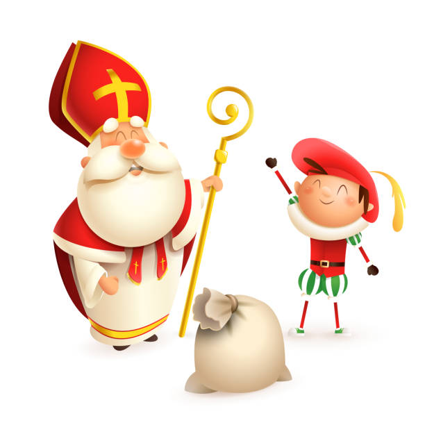 세인트 니콜라스 또는 sinterklaas 및 도우미 zwarte piet 선물 가방 흰색 배경에 고립 - white background sinterklaas holidays isolated zwarte piet stock illustrations