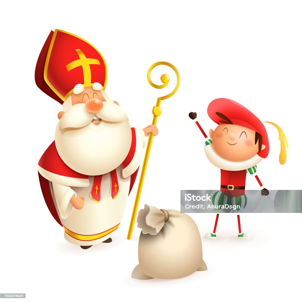 Sint Nicolaas Of Sinterklaas En Helper Zwarte Piet Met Gift Bag Geïsoleerd Op Witte Achtergrond Stockvectorkunst En Meer Beelden Van Sinterklaas - Istock