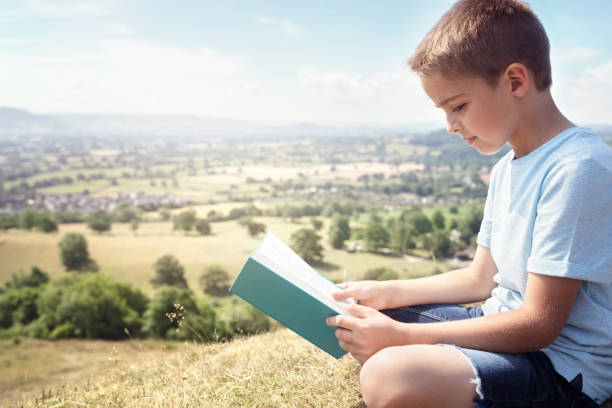 istock Boy sitting on a hill reading a book in a meadow 1142650485