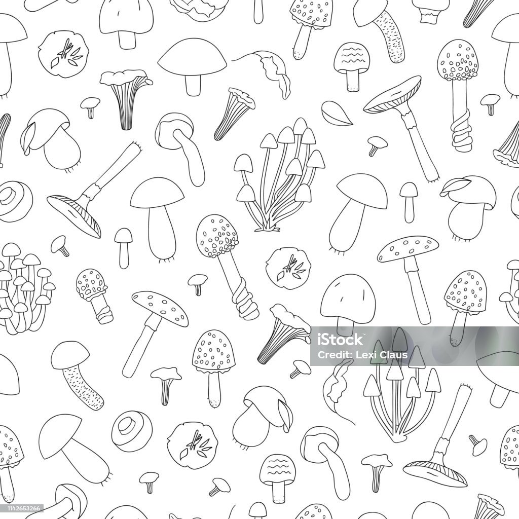 Vector seamless pattern of black and white mushrooms Repeat background with isolated monochrome aspen, orange-cup, champignon, chanterelle, toadstool, death cap, fungus Amanita Phalloides stock vector
