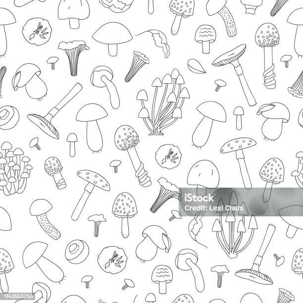 Vector Seamless Pattern Of Black And White Mushrooms Stock Illustration - Download Image Now