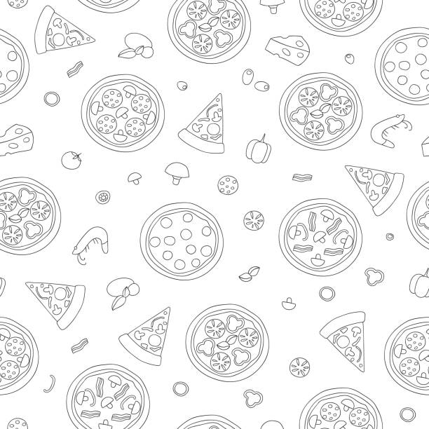 Vector seamless pattern of black and white pizza Repeat background with isolated monochrome pizza pieces, cheese, tomato, pepper, basil, mushroom, sausage, salami, bacon,  olive, shrimp, mozzarella, prawn pizza designs stock illustrations