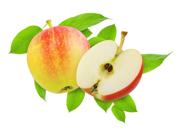istock Apple and fruit half for package design. Whole yellow red Apple and slice with green leaves isolated on white background. 1142656950