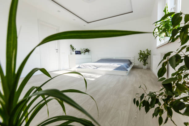 istock Abstract white waving curtain in white bedroom apartment 1142658113