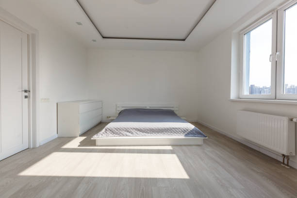 A 3D rendering of white bedroom