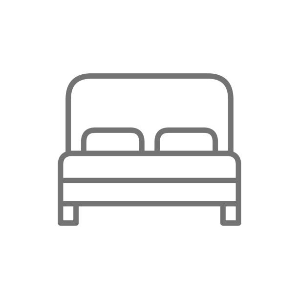 illustrazioni stock, clip art, cartoni animati e icone di tendenza di letto matrimoniale, icona della linea della camera d'albergo. isolato su sfondo bianco - mattress line art hotel sleeping