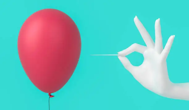 Pain relief concept, problem solution, needle hand and red balloon. 3d rendering