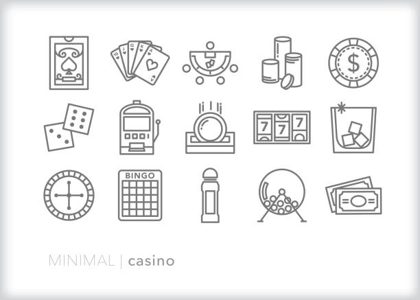 Casino line icons of gambling in places such as Las Vegas with slot machines, poker, roulette and other games Set of 15 line icons of gambling, card games, slot machines, bingo and other casino items including cocktail drink, chips, cards, and dice las vegas stock illustrations