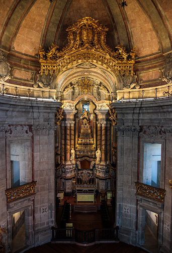 The baroque altar and interior of Clerigos Church, in the city of Porto, Portugal.