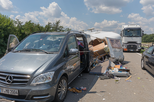 Jagodina, Serbia - July 14, 2018: Mini Van With Camper Trailer Traffic Accident at Highway Near Jagodina, Serbia.
