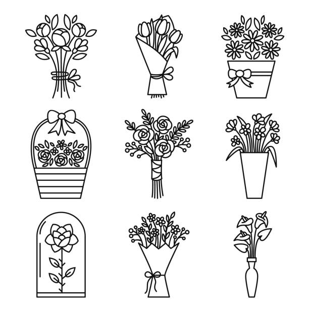 ilustraciones, imágenes clip art, dibujos animados e iconos de stock de conjunto de iconos de ramo de flores. contiene iconos-manzanilla, flor de rosa, calla, tulipán, peonía y otros. vector. - ramos