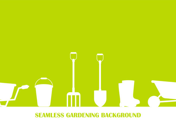 ilustrações, clipart, desenhos animados e ícones de jogo sem emenda das ferramentas para jardinar. coleção de jardinagem. silhueta do ícone. fundo para o projeto no verde. fundo de jardinagem sem emenda - watering can shovel rake silhouette