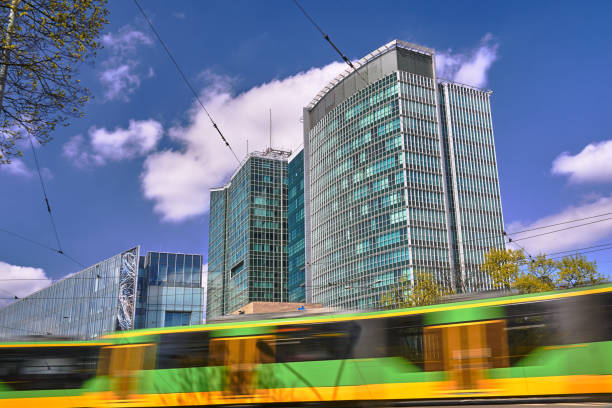 istock Modern office buildings and a traveling tram 1142662736