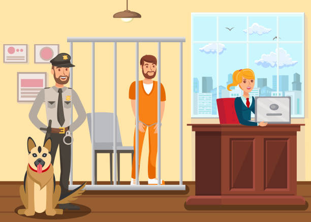 Policeman Guarding Suspect Vector Illustration Policeman Guarding Suspect Vector Illustration. Police Officer, German Shepherd in Courtroom Flat Characters. Handcuffed Convict Standing in Cage, Cell. Female Prosecutor, Secretary Taking Notes police interview stock illustrations