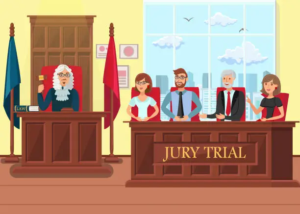 Vector illustration of Jury Trial in Process Flat Vector Illustration