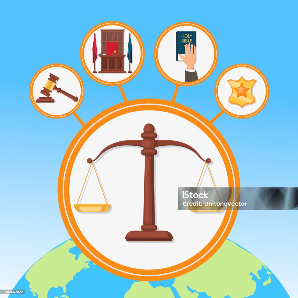 Legal Process Symbols Flat Vector Illustration Legal Process Symbols Flat Vector Illustration. Litigation Procedure Universal Principles. Fair Trial Approach. Holy Bible Oath Tradition. Scales, Libra, Justice Sign, Equality Symbol Agreement stock vector