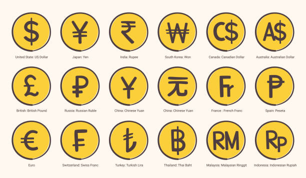 иллюстрация значков символов мировой валюты в векторном формате - swiss currency dollar sign exchange rate symbol stock illustrations