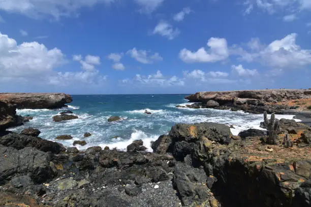 Rugged lava rocks encircling the cove of Aruba's black sand stone beach.