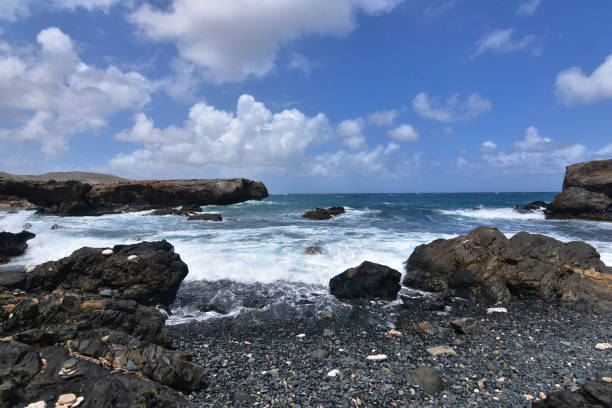 istock Stunning Black Sand Stone Beach in Aruba 1142664283