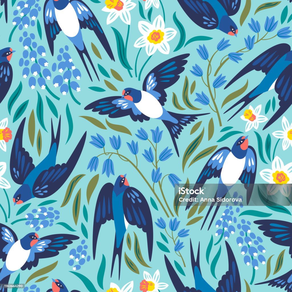 Vector pattern Vector seamless pattern with flying swallows and spring flowers: narcissuses, hyacinths and muscari Bird stock vector