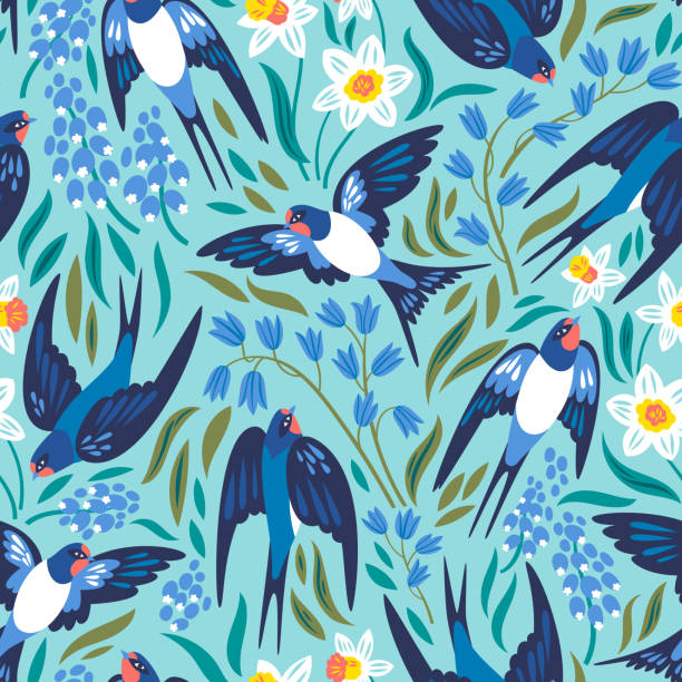 Vector pattern Vector seamless pattern with flying swallows and spring flowers: narcissuses, hyacinths and muscari songbird illustrations stock illustrations