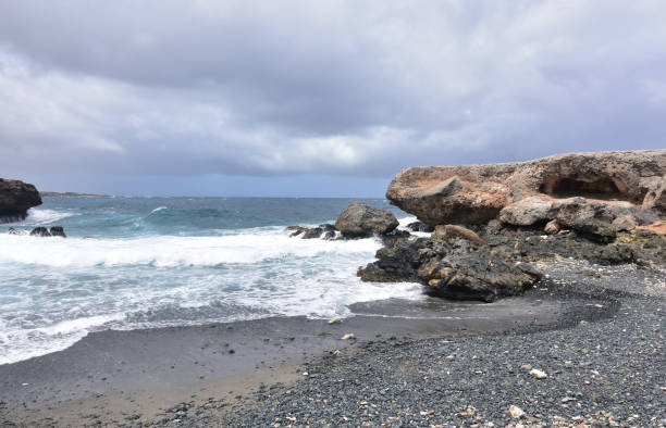 istock Stunning Black Sand Stone Beach in Aruba 1142664565