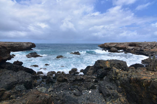 istock Stunning Black Sand Stone Beach in Aruba 1142664632