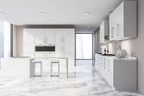 istock Loft beige kitchen with countertops and bar 1142664657