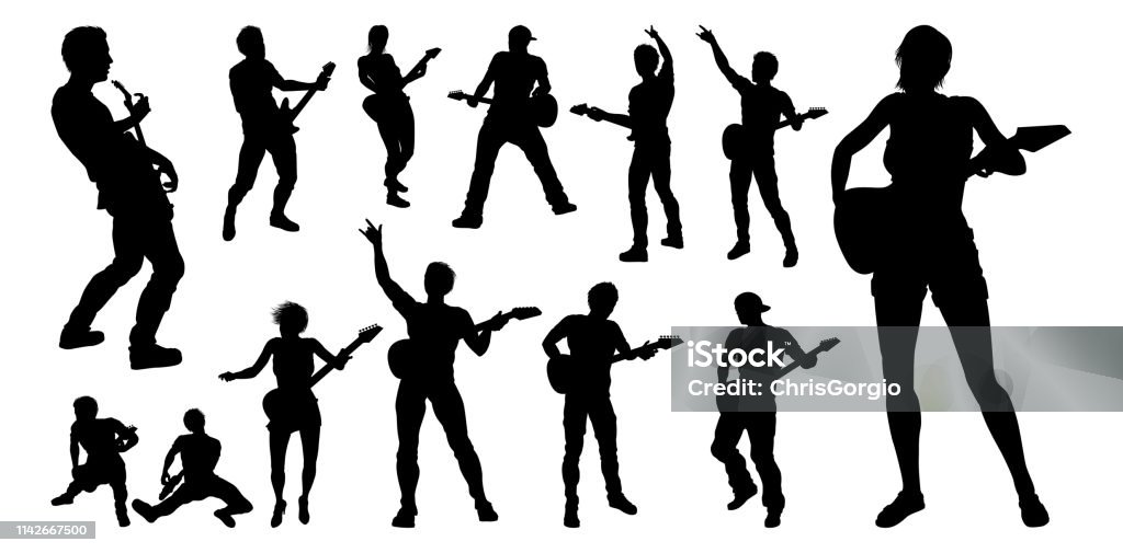 Guitarist Musicians Silhouettes Set A set of guitarist musicians in detailed silhouette playing their guitars. Guitar stock vector